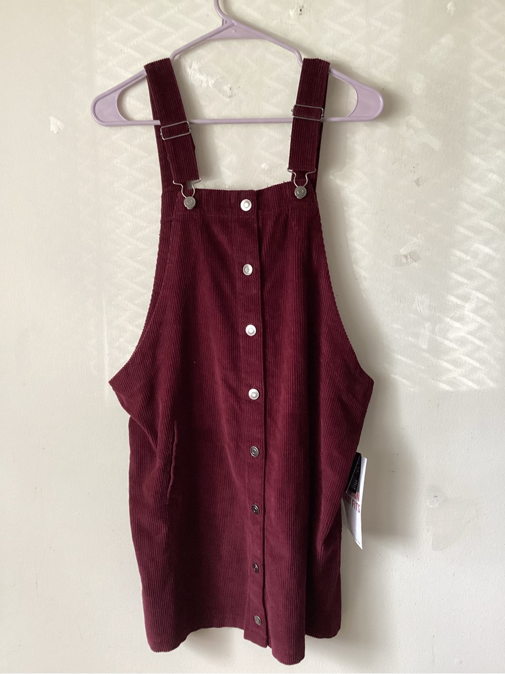 Celebrity Pink Burgundy Corduroy Overall Dress with Button Front
